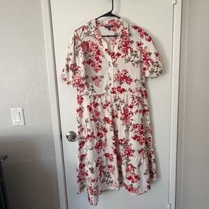 Floral Midi Dress in Red and Cream
